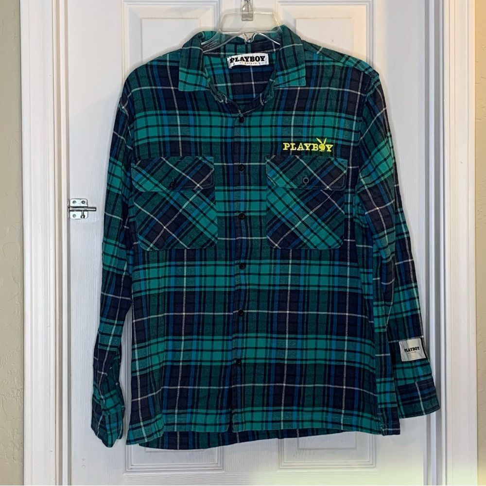 Playboy x PacSun Teal Flannel Button Down Size Large Cabincore